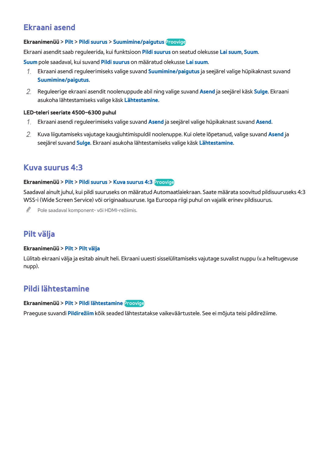 Samsung UE39F5500AWXXH, UE42F5570SSXZG, UE55F6500SSXZG manual Ekraani asend, Kuva suurus, Pilt välja, Pildi lähtestamine 