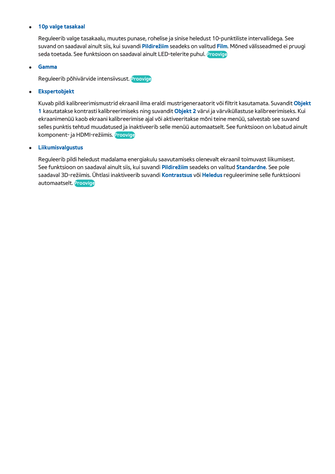 Samsung UE46F6510SBXXH, UE42F5570SSXZG, UE55F6500SSXZG manual 10p valge tasakaal, Gamma, Ekspertobjekt, Liikumisvalgustus 