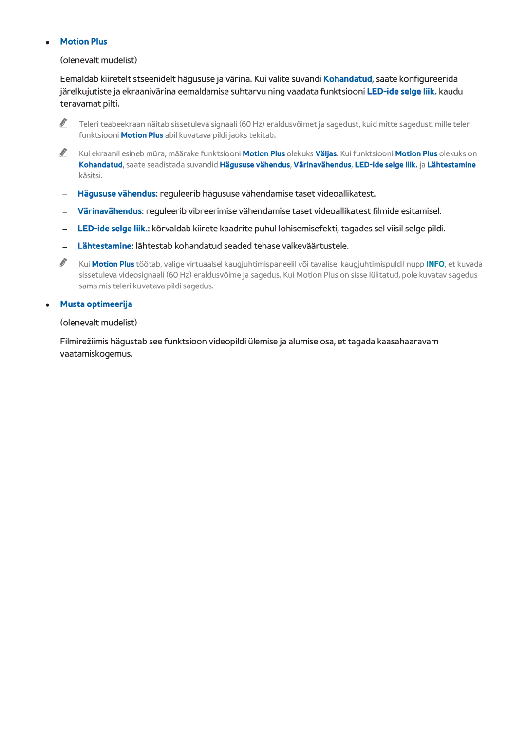 Samsung UE32F6200AWXXH, UE42F5570SSXZG, UE55F6500SSXZG, UE46F6510SSXZG, UE50F6640SSXZG manual Motion Plus, Musta optimeerija 