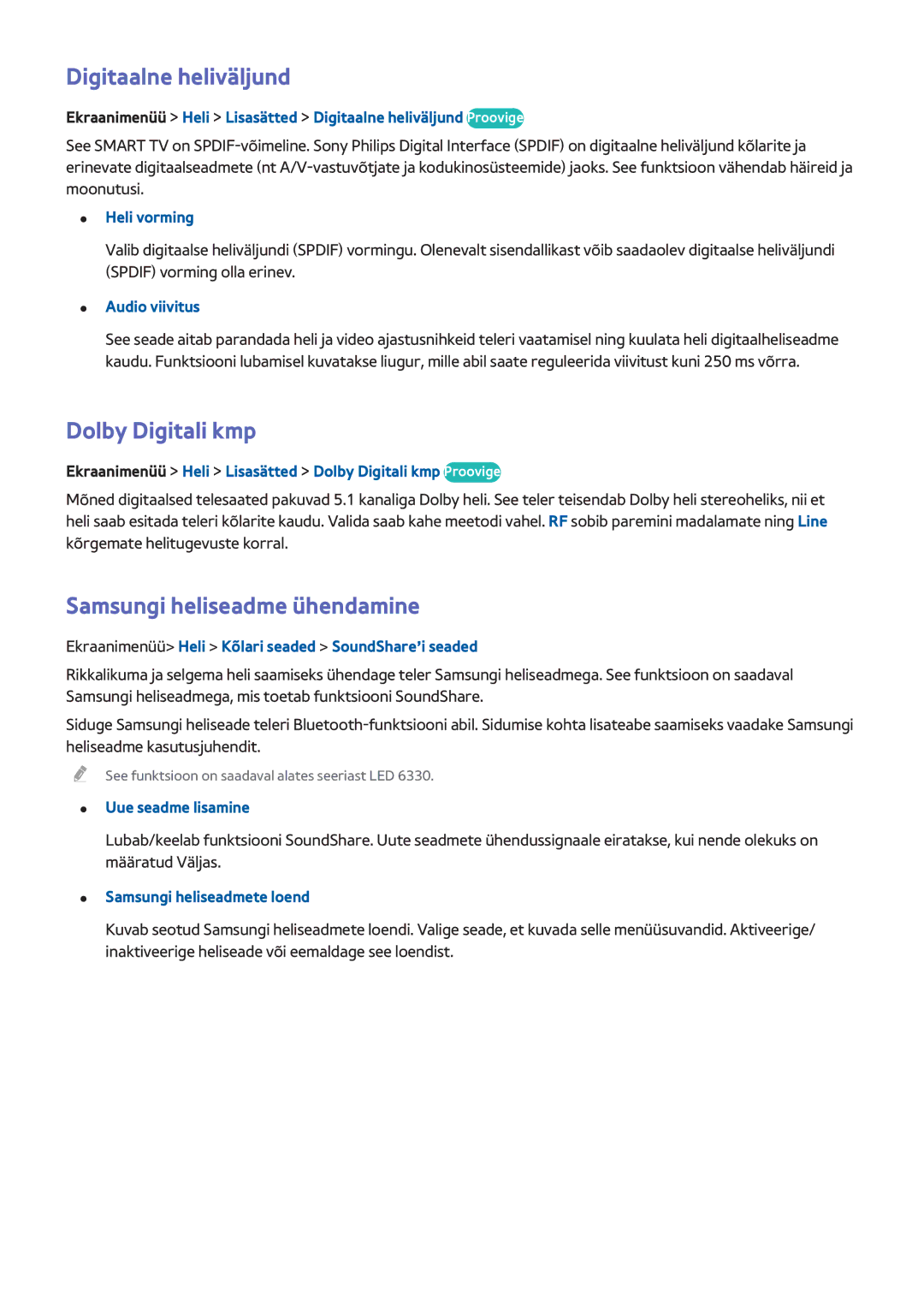 Samsung UE42F5700AWXXH, UE42F5570SSXZG manual Digitaalne heliväljund, Dolby Digitali kmp, Samsungi heliseadme ühendamine 