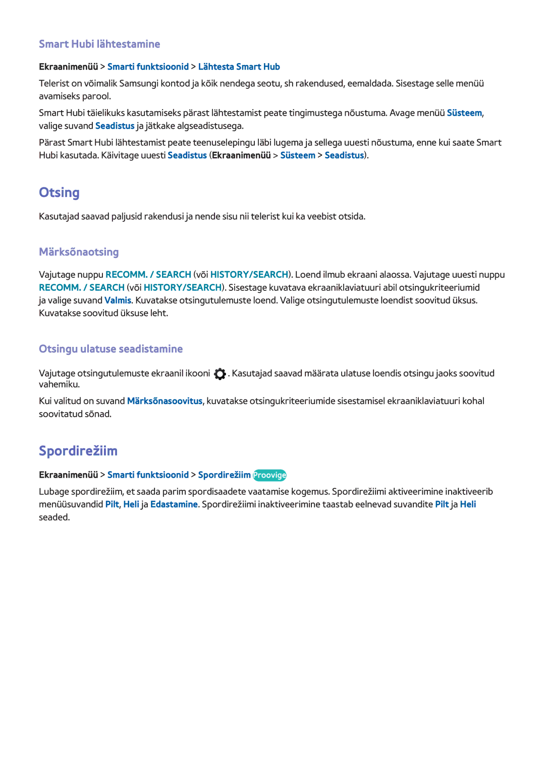 Samsung UE42F5570SSXZG, UE55F6500SSXZG Spordirežiim, Smart Hubi lähtestamine, Märksõnaotsing, Otsingu ulatuse seadistamine 