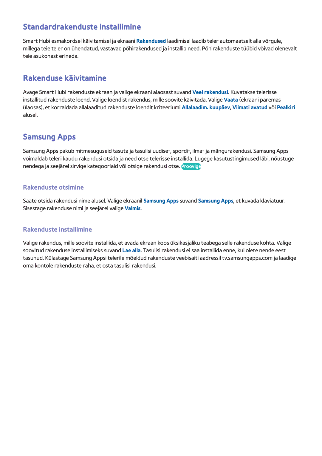 Samsung UE40F6890SSXZG manual Standardrakenduste installimine, Rakenduse käivitamine, Samsung Apps, Rakenduste otsimine 