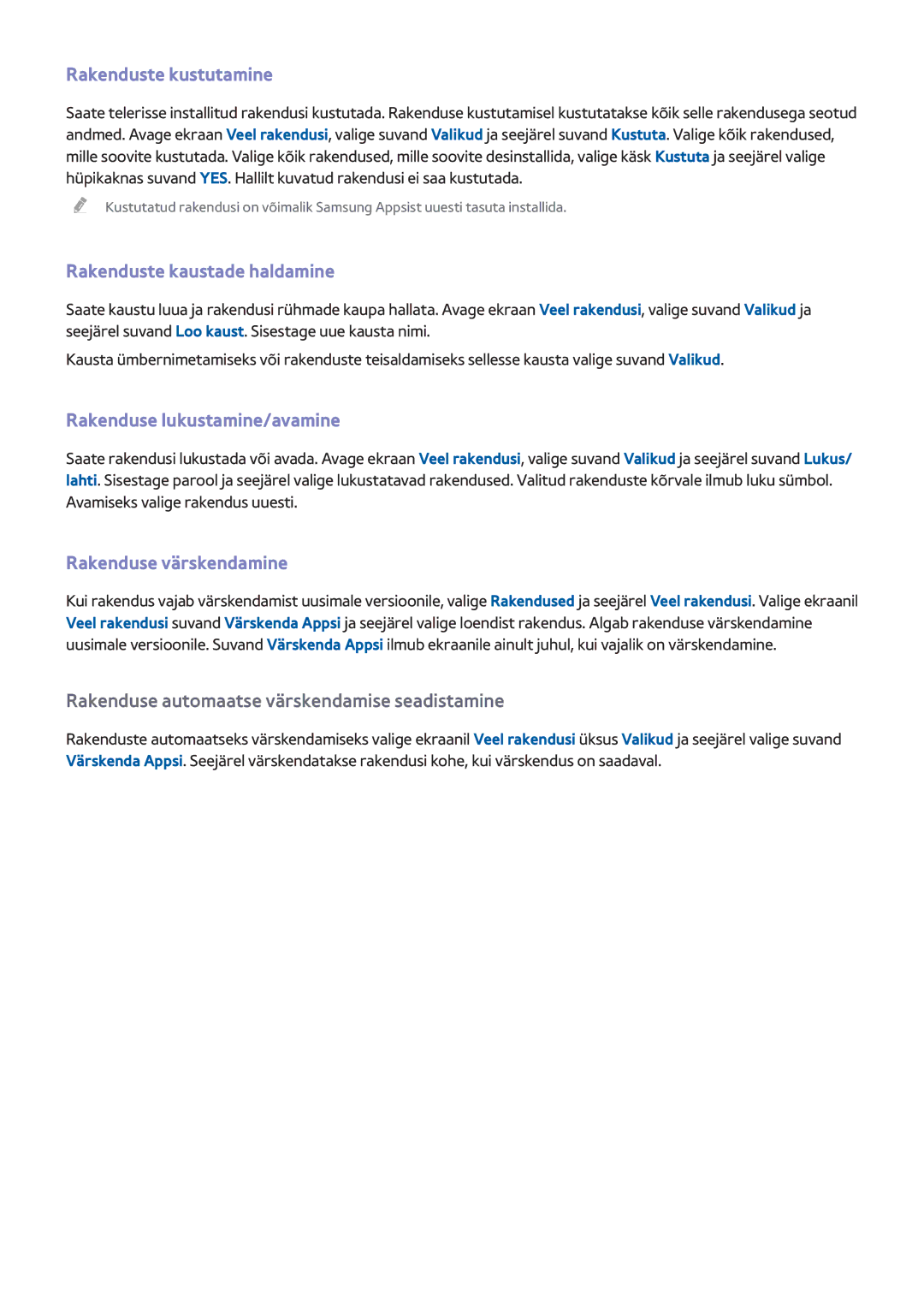 Samsung UE50F6500SSXZG manual Rakenduste kustutamine, Rakenduste kaustade haldamine, Rakenduse lukustamine/avamine 