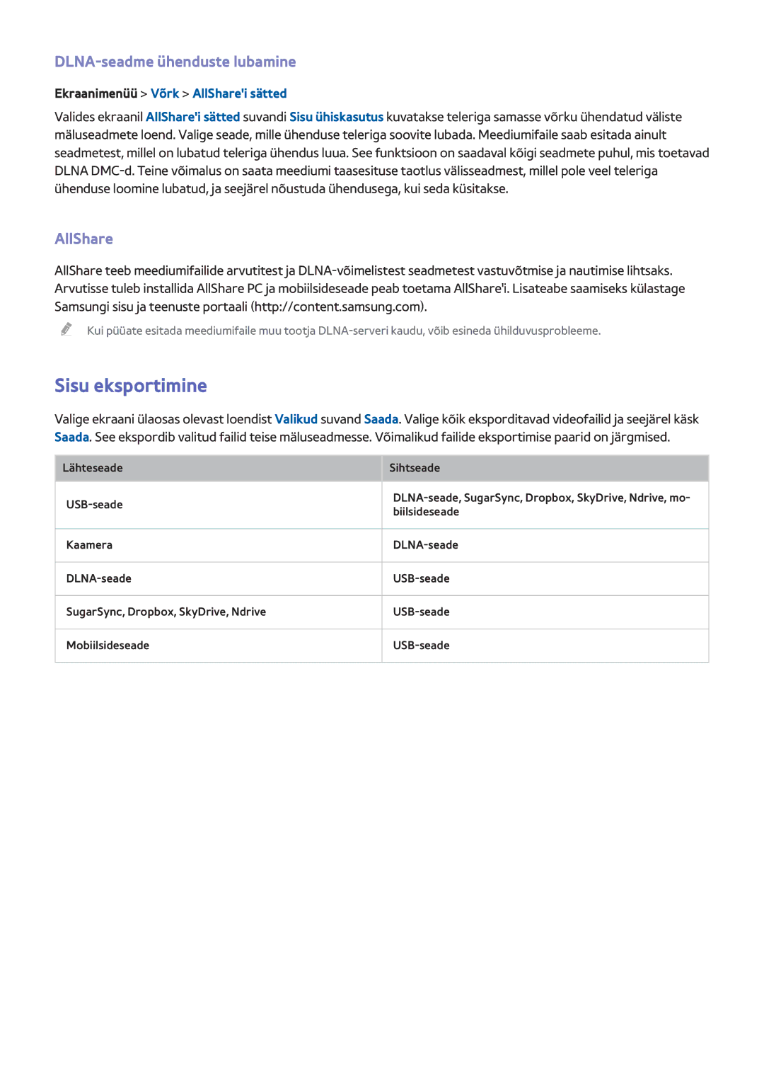 Samsung UE40F5500AWXXH, UE42F5570SSXZG, UE55F6500SSXZG manual Sisu eksportimine, DLNA-seadme ühenduste lubamine, AllShare 