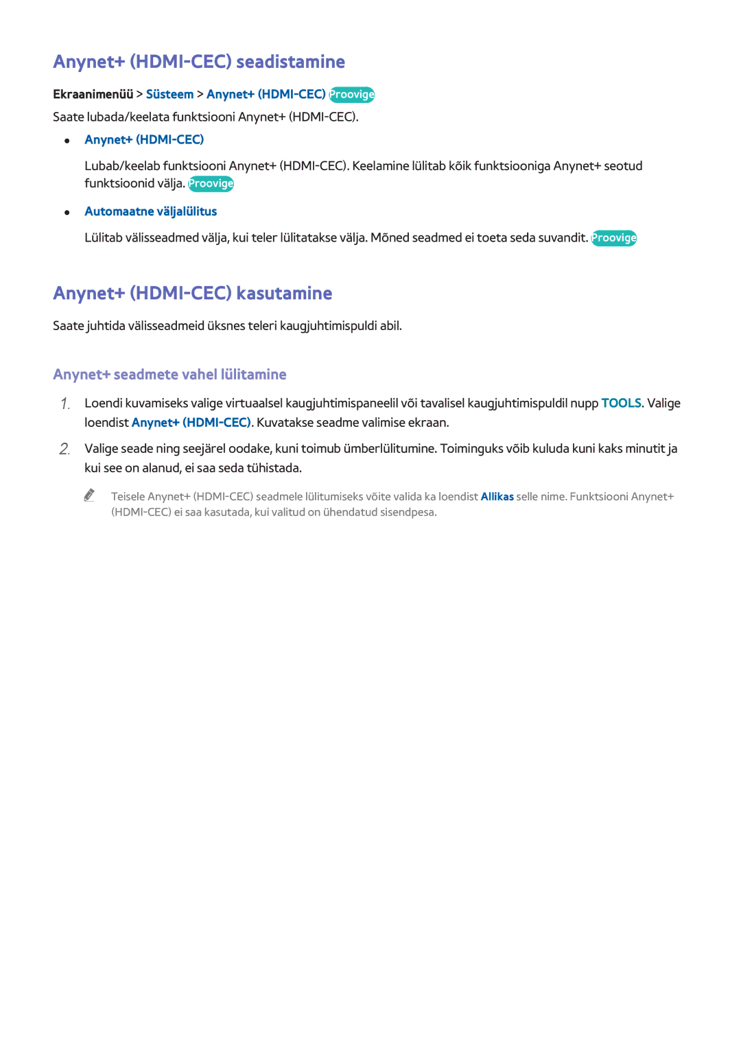 Samsung UE60F6300AWXXH manual Anynet+ HDMI-CEC seadistamine, Anynet+ HDMI-CEC kasutamine, Anynet+ seadmete vahel lülitamine 