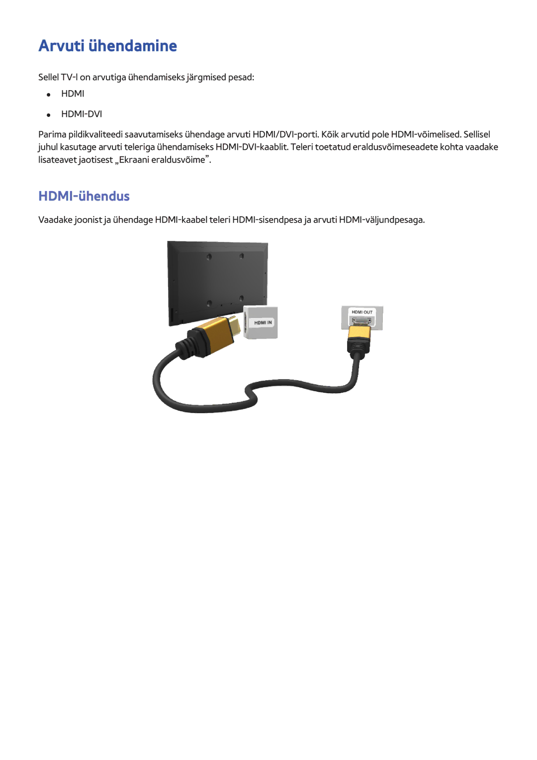 Samsung UE50F6500SBXXH, UE42F5570SSXZG, UE55F6500SSXZG, UE46F6510SSXZG, UE50F6640SSXZG manual Arvuti ühendamine, Hdmi-Dvi 