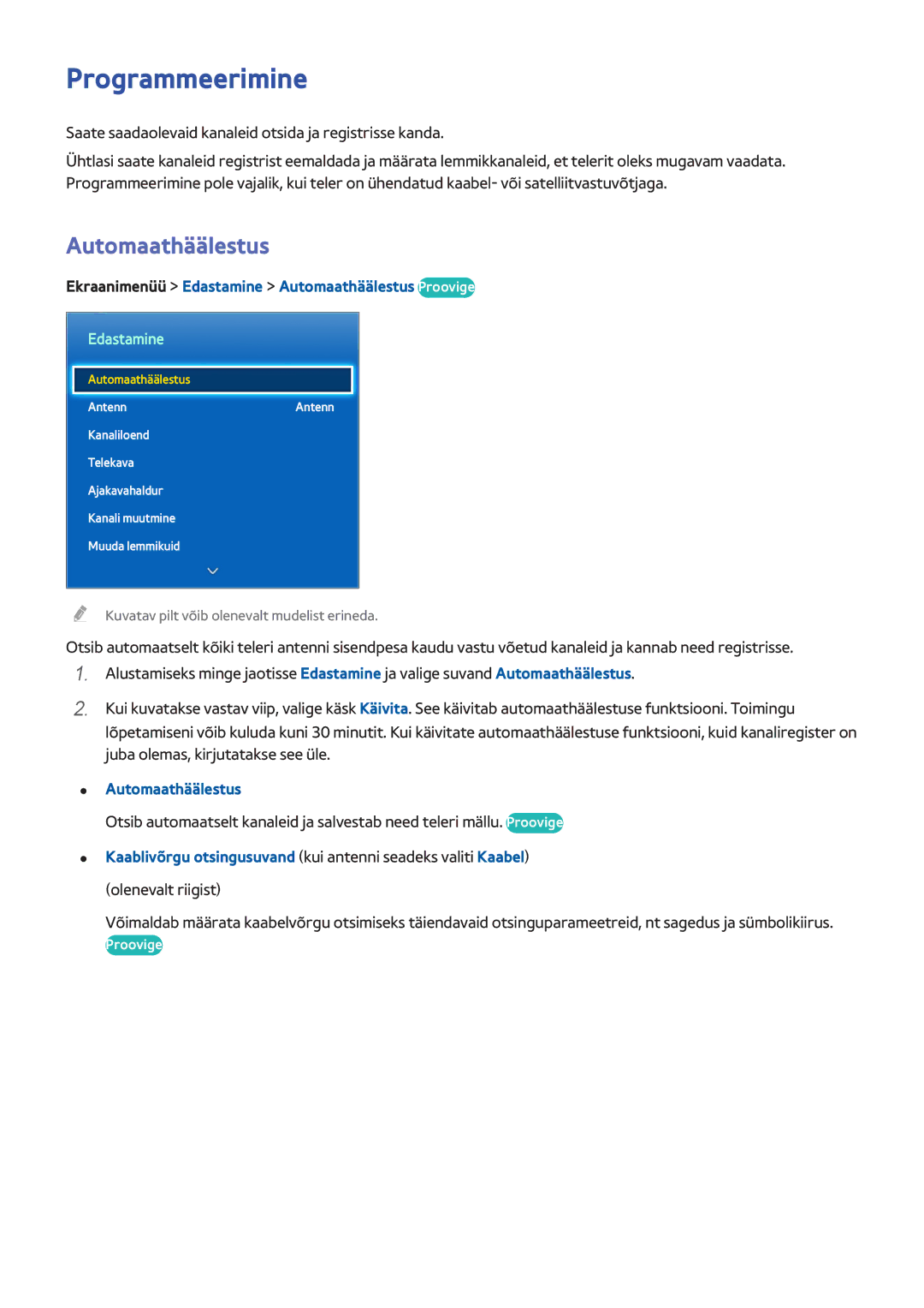 Samsung UE40F6400AKXXH, UE42F5570SSXZG manual Programmeerimine, Ekraanimenüü Edastamine Automaathäälestus Proovige 