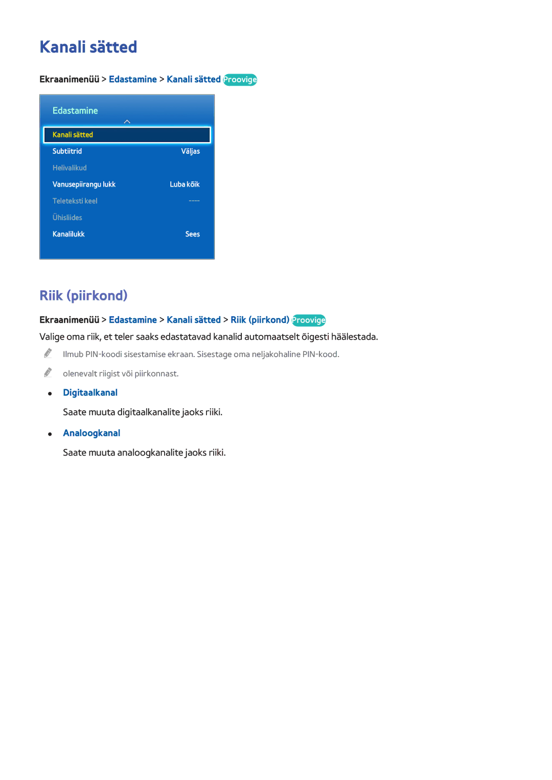 Samsung UE42F5500AWXXH Riik piirkond, Ekraanimenüü Edastamine Kanali sätted Proovige, Digitaalkanal, Analoogkanal 