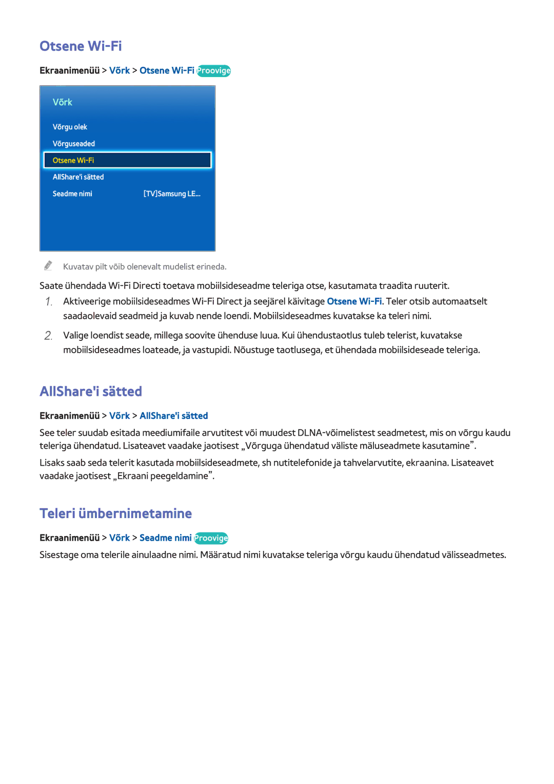Samsung UE22F5410AWXXH, UE42F5570SSXZG, UE55F6500SSXZG manual Otsene Wi-Fi, AllSharei sätted, Teleri ümbernimetamine 
