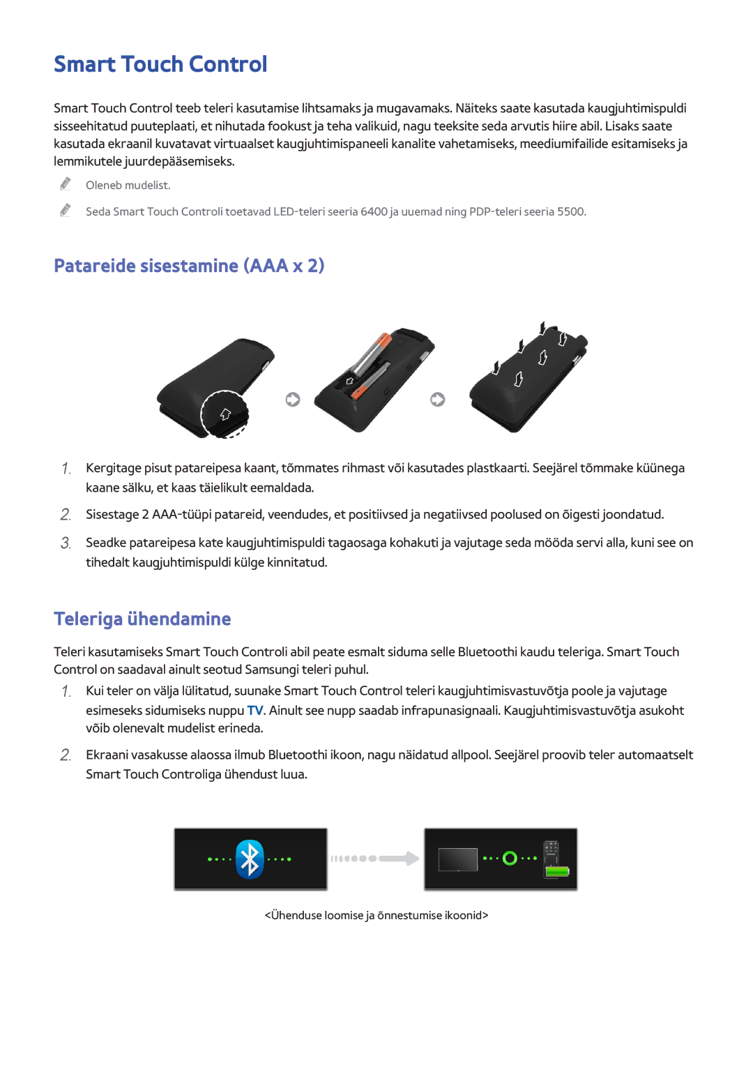 Samsung UE42F5700AWXXH, UE42F5570SSXZG manual Smart Touch Control, Patareide sisestamine AAA x, Teleriga ühendamine 