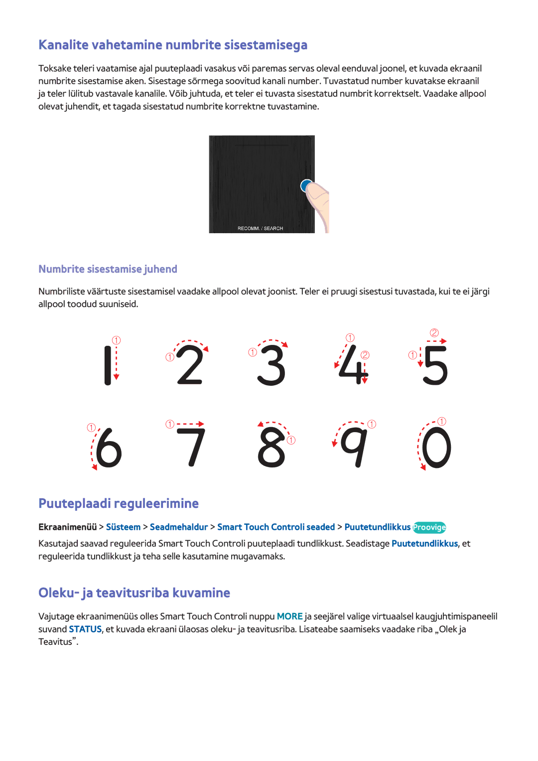 Samsung UE40F6740SBXXH Kanalite vahetamine numbrite sisestamisega, Puuteplaadi reguleerimine, Numbrite sisestamise juhend 