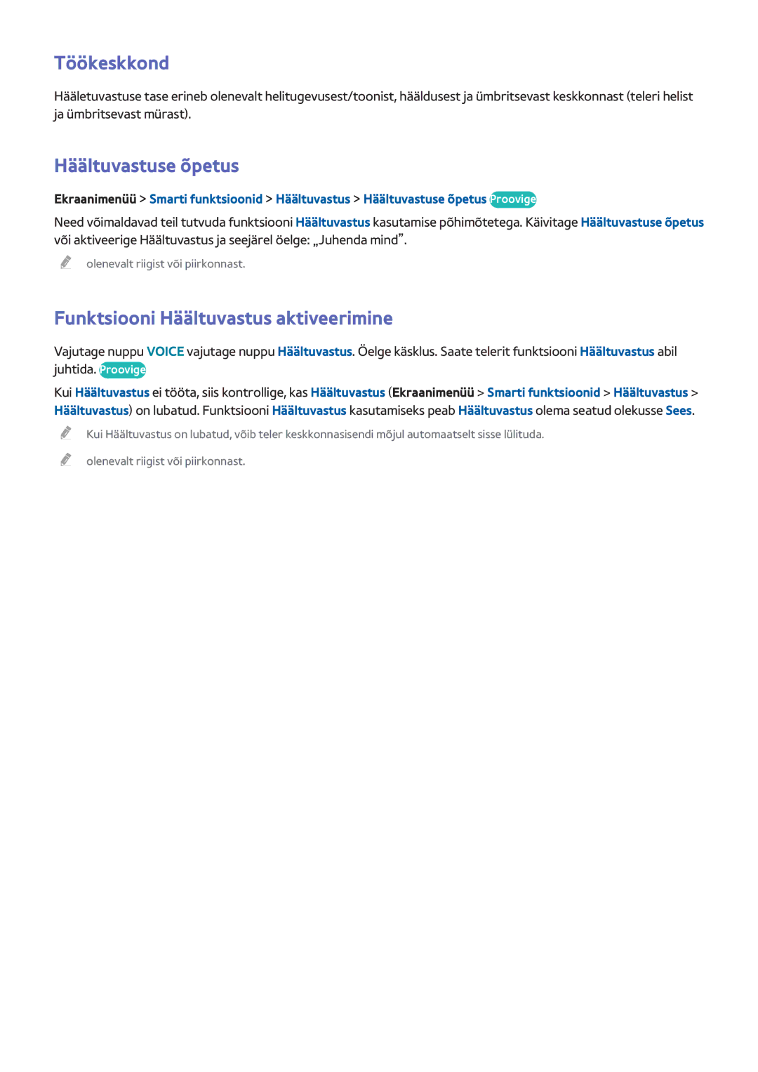 Samsung UE50F6640SSXZG, UE42F5570SSXZG manual Töökeskkond, Häältuvastuse õpetus, Funktsiooni Häältuvastus aktiveerimine 