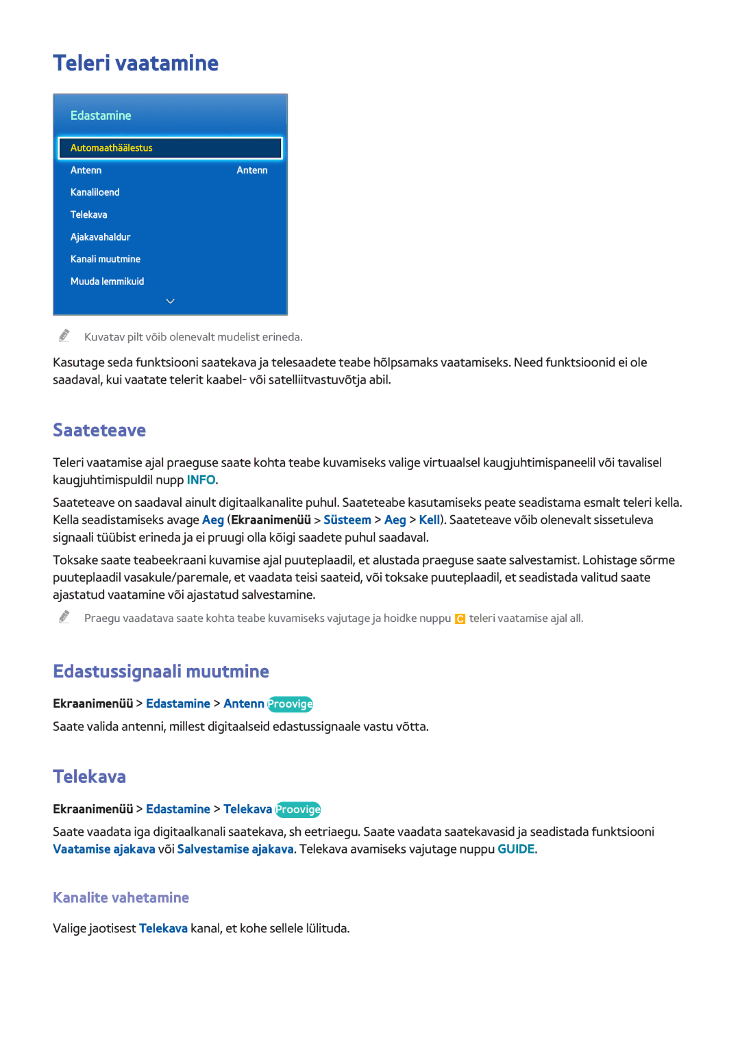 Samsung UE42F5370SSXZG manual Teleri vaatamine, Saateteave, Edastussignaali muutmine, Telekava, Kanalite vahetamine 