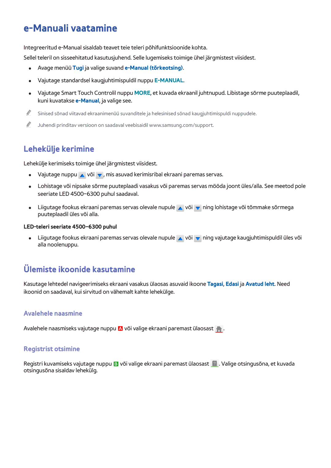 Samsung UE40F6470SSXZG manual Manuali vaatamine, Lehekülje kerimine, Ülemiste ikoonide kasutamine, Avalehele naasmine 