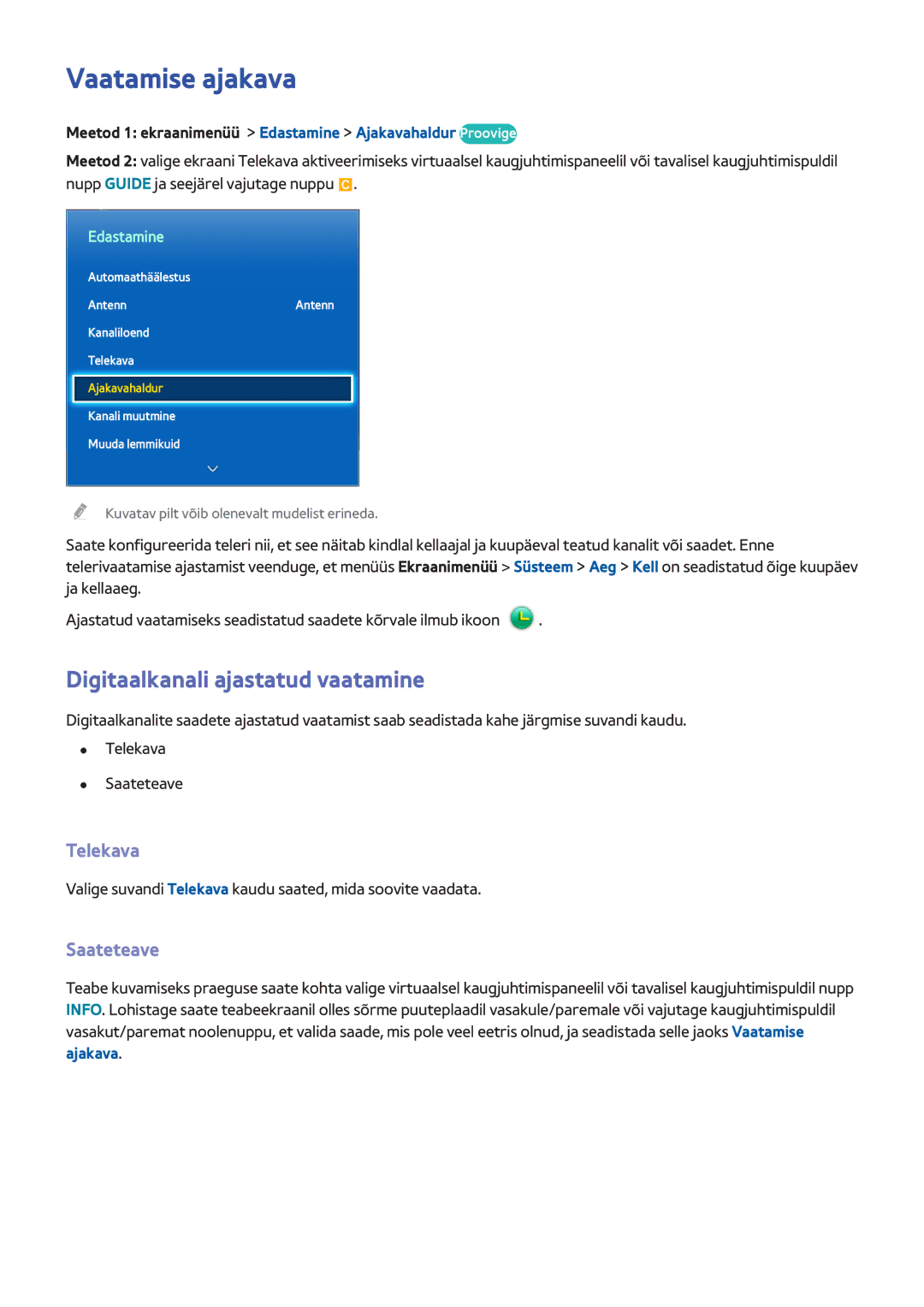 Samsung UE40F5500AWXXH, UE42F5570SSXZG manual Vaatamise ajakava, Digitaalkanali ajastatud vaatamine, Telekava, Saateteave 