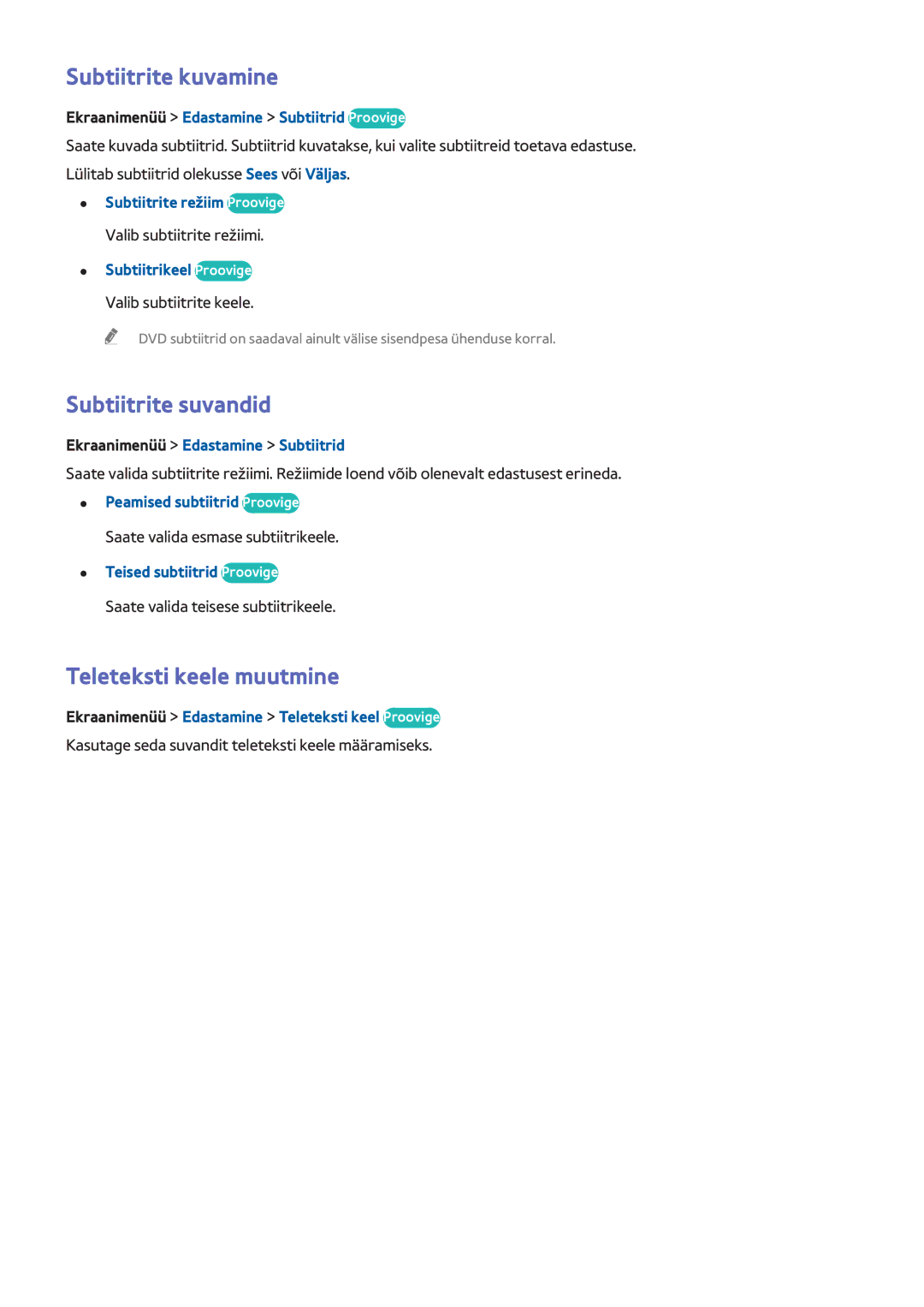 Samsung UE32F4510AWXXH, UE42F5570SSXZG manual Subtiitrite kuvamine, Subtiitrite suvandid, Teleteksti keele muutmine 