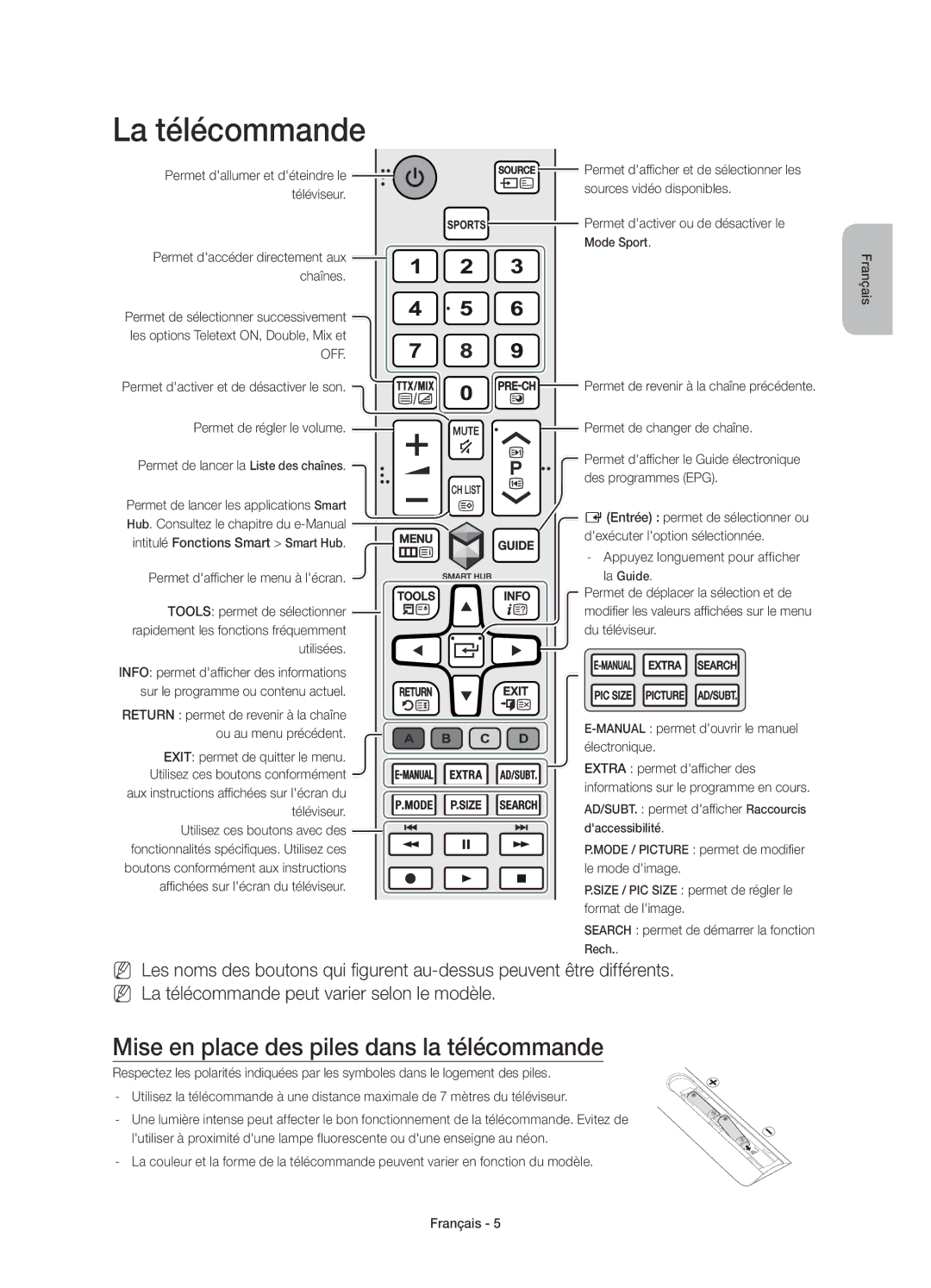 Samsung UE55J5500AKXXU, UE43J5500AKXXC manual La télécommande, Mise en place des piles dans la télécommande, Utilisées 