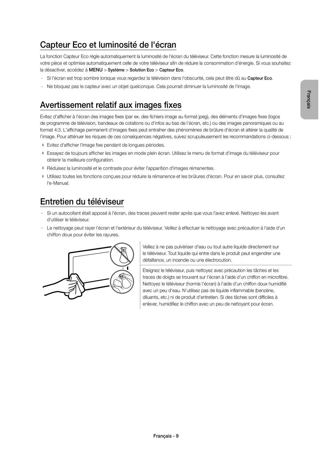 Samsung UE48J5500AKXXU, UE43J5500AKXXC manual Capteur Eco et luminosité de lécran, Avertissement relatif aux images fixes 