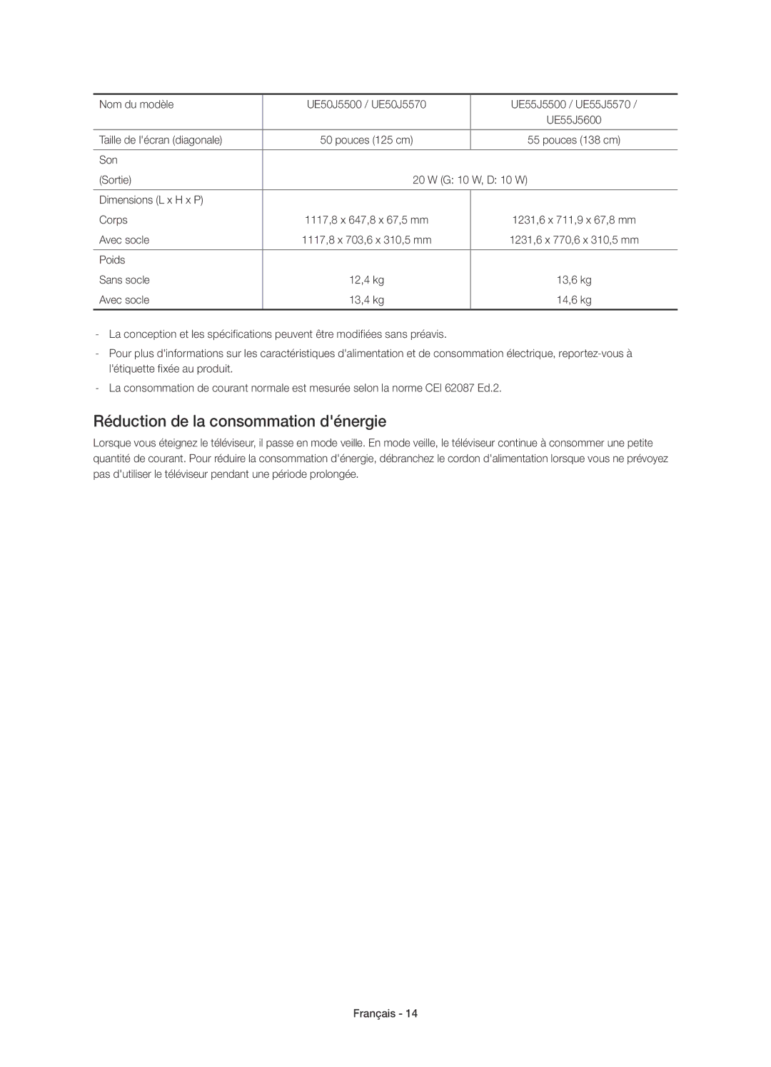 Samsung UE43J5600AKXZT Réduction de la consommation dénergie, Nom du modèle UE50J5500 / UE50J5570 UE55J5500 / UE55J5570 