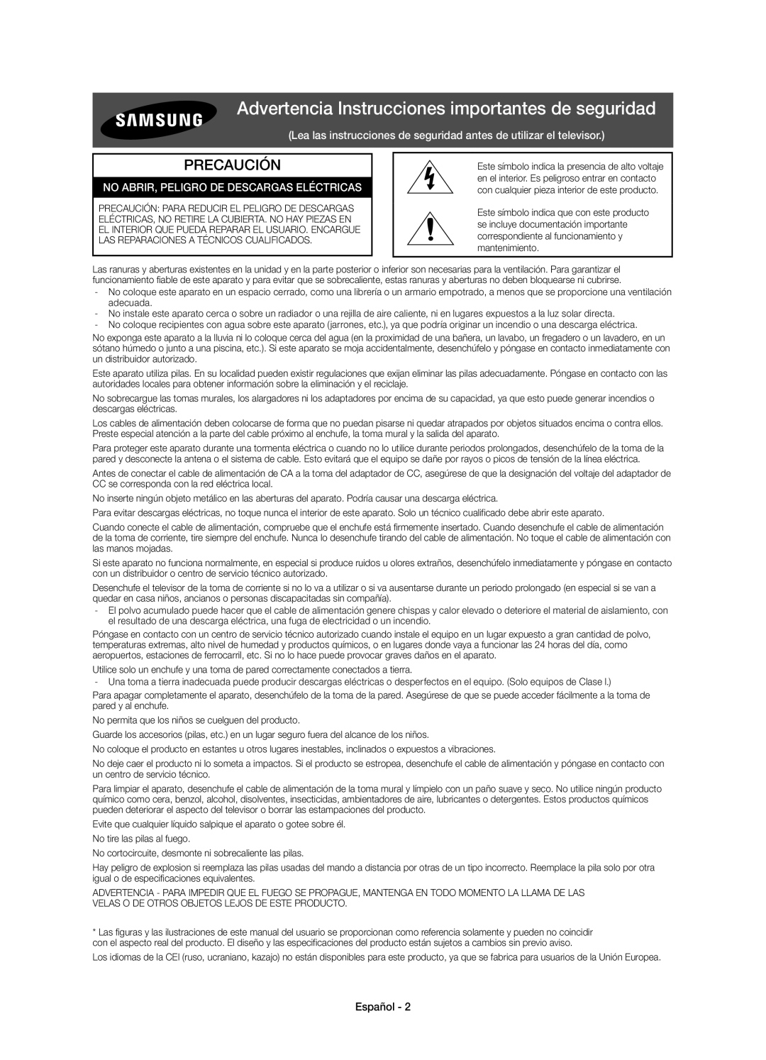 Samsung UE32J5500AKXZT, UE43J5500AKXXC, UE48J5500AKXXC manual Advertencia Instrucciones importantes de seguridad, Español 