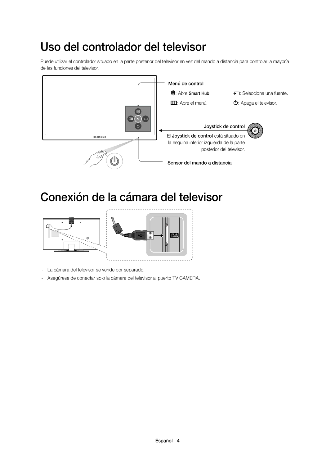 Samsung UE55J5570SUXXC manual Uso del controlador del televisor, Conexión de la cámara del televisor, Apaga el televisor 