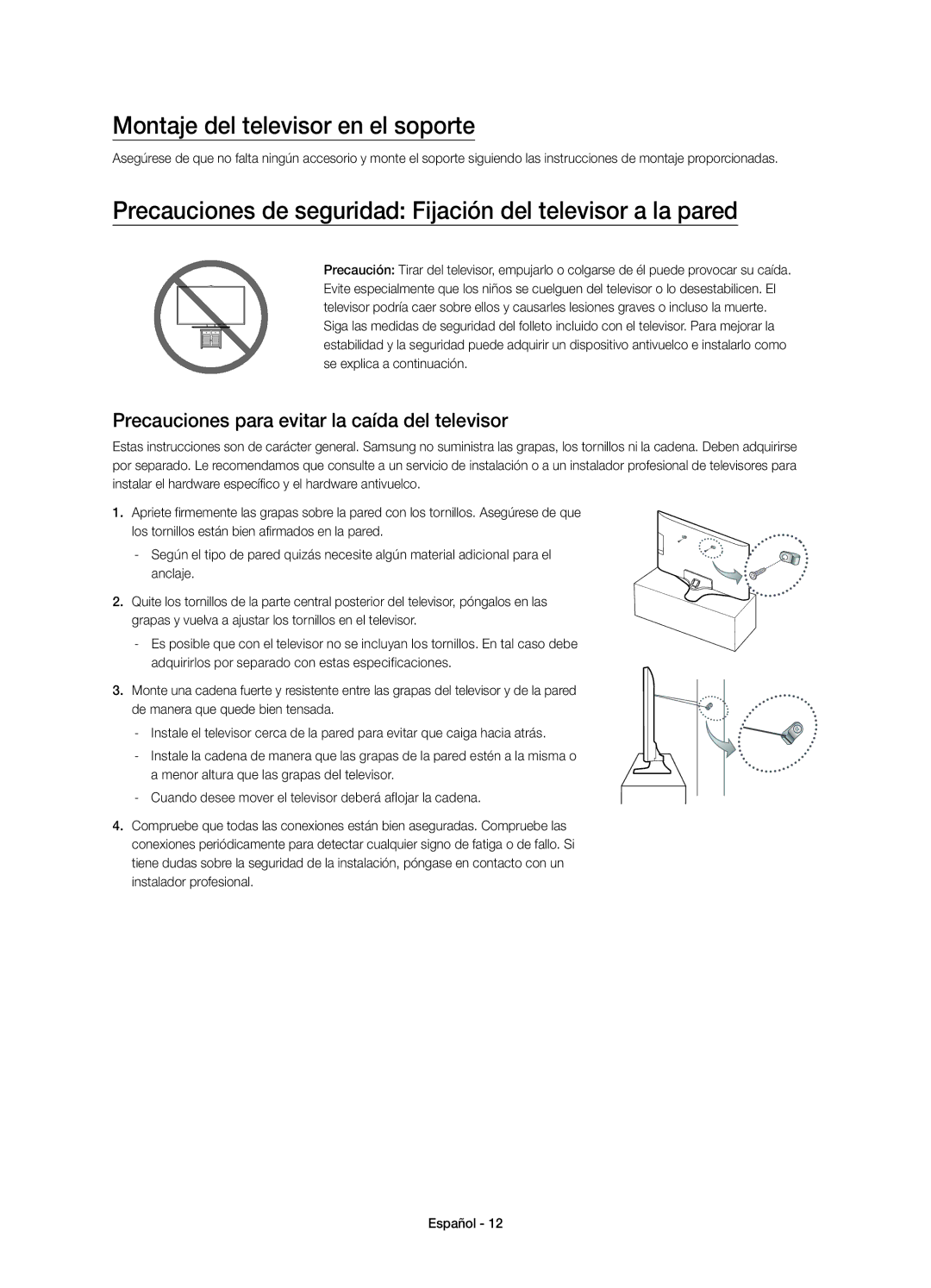 Samsung UE50J5500AKXXC Montaje del televisor en el soporte, Precauciones de seguridad Fijación del televisor a la pared 