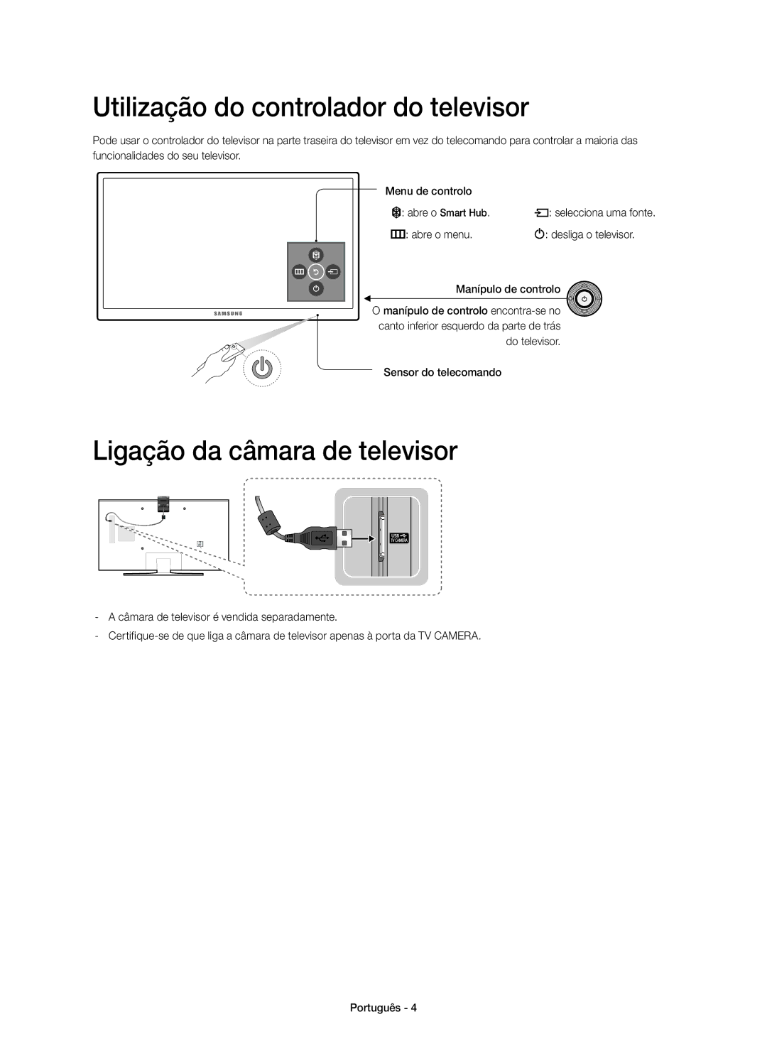 Samsung UE43J5600AKXXU, UE43J5500AKXXC manual Utilização do controlador do televisor, Ligação da câmara de televisor 