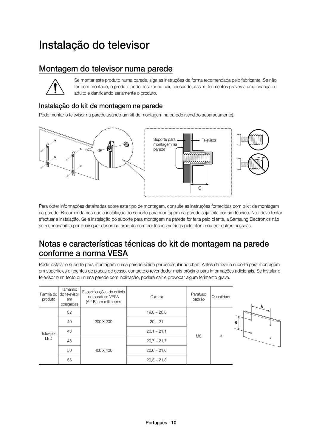 Samsung UE50J5500AKXZT Instalação do televisor, Montagem do televisor numa parede, Instalação do kit de montagem na parede 