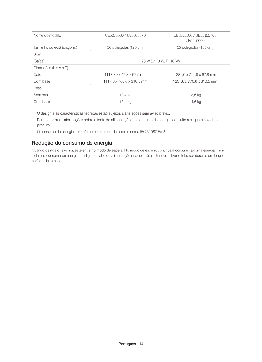 Samsung UE43J5500AKXZT manual Redução do consumo de energia, Nome do modelo UE50J5500 / UE50J5570 UE55J5500 / UE55J5570 