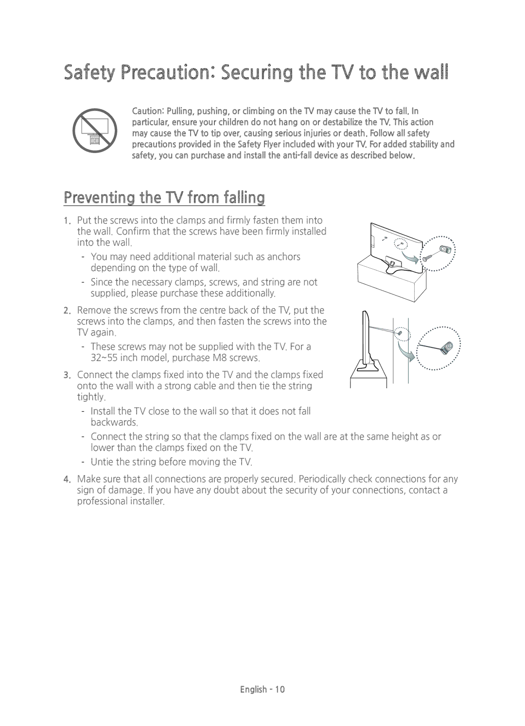 Samsung UE40J5510AKXXC, UE43J5500AKXXC manual Safety Precaution Securing the TV to the wall, Preventing the TV from falling 