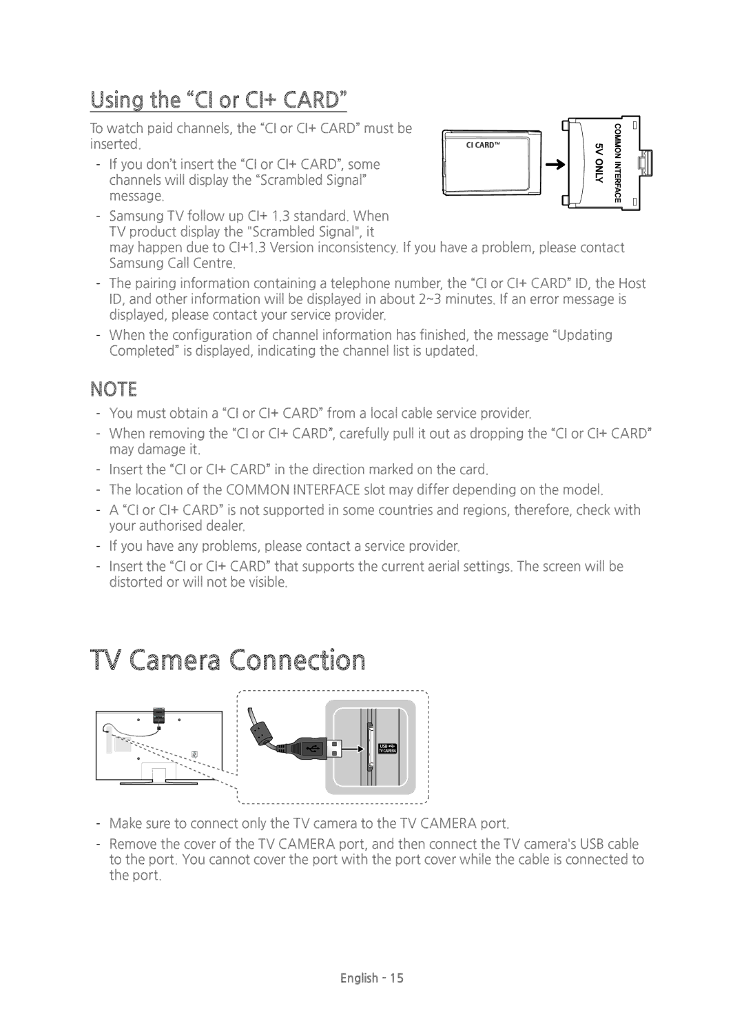 Samsung UE55J5500AKXXU, UE43J5500AKXXC, UE48J5500AKXXC, UE50J5500AKXZT manual TV Camera Connection, Using the CI or CI+ Card 