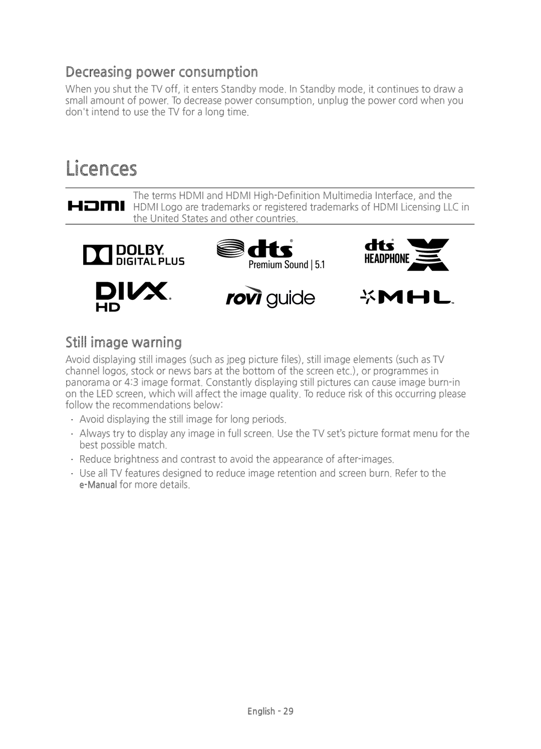 Samsung UE48J5500AKXZT, UE43J5500AKXXC, UE48J5500AKXXC manual Licences, Decreasing power consumption, Still image warning 