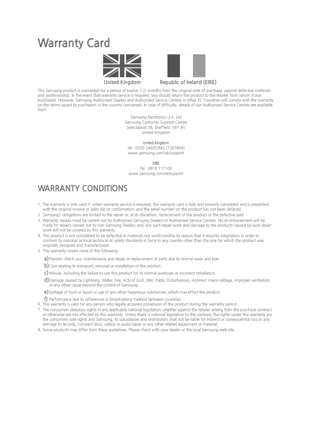 Samsung UE43J5500AKXZT, UE43J5500AKXXC, UE48J5500AKXXC, UE50J5500AKXZT, UE43J5600AKXZT manual Warranty Card, United Kingdom 