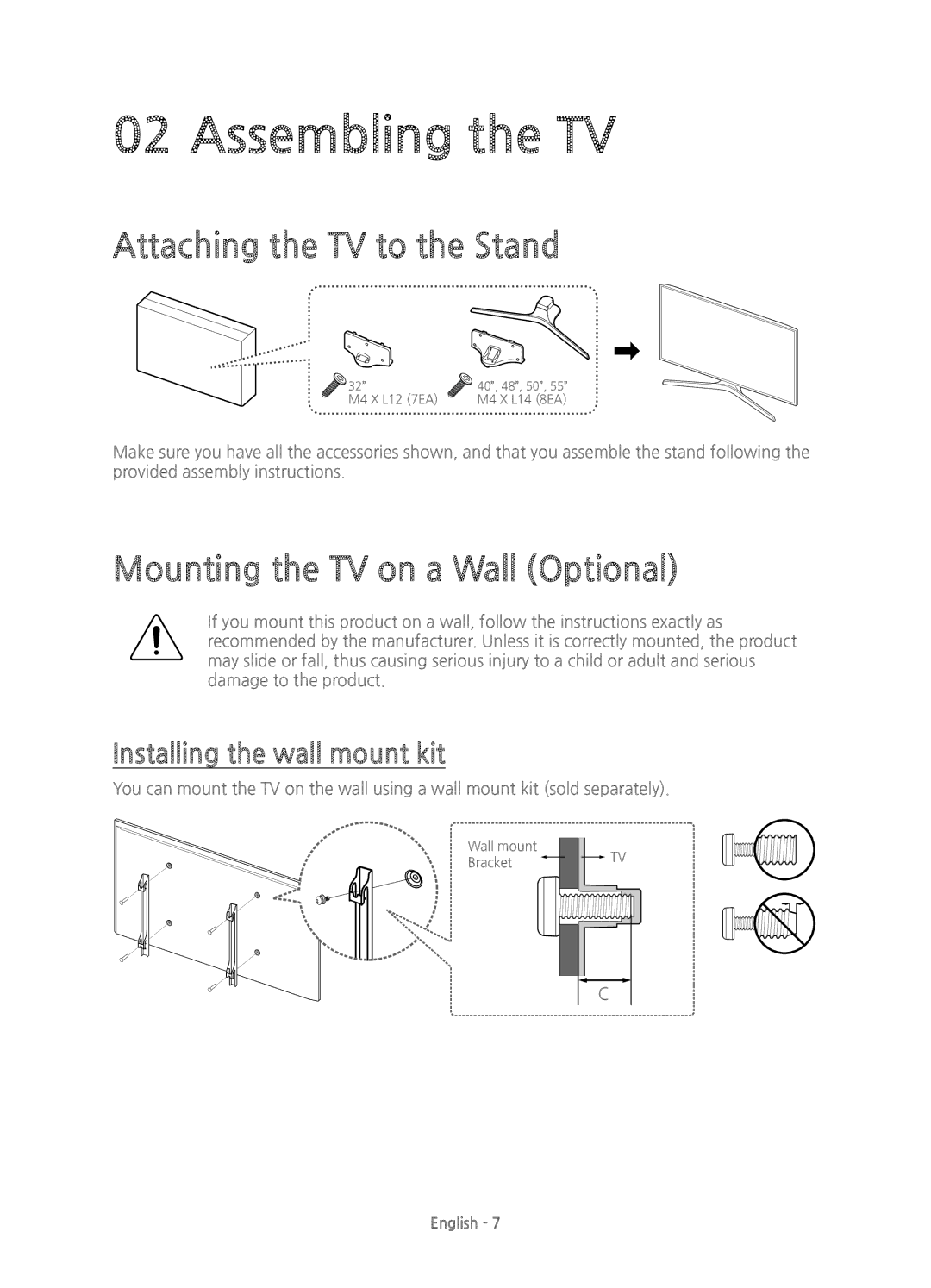 Samsung UE48J5600AKXXC manual Assembling the TV, Attaching the TV to the Stand, Mounting the TV on a Wall Optional 