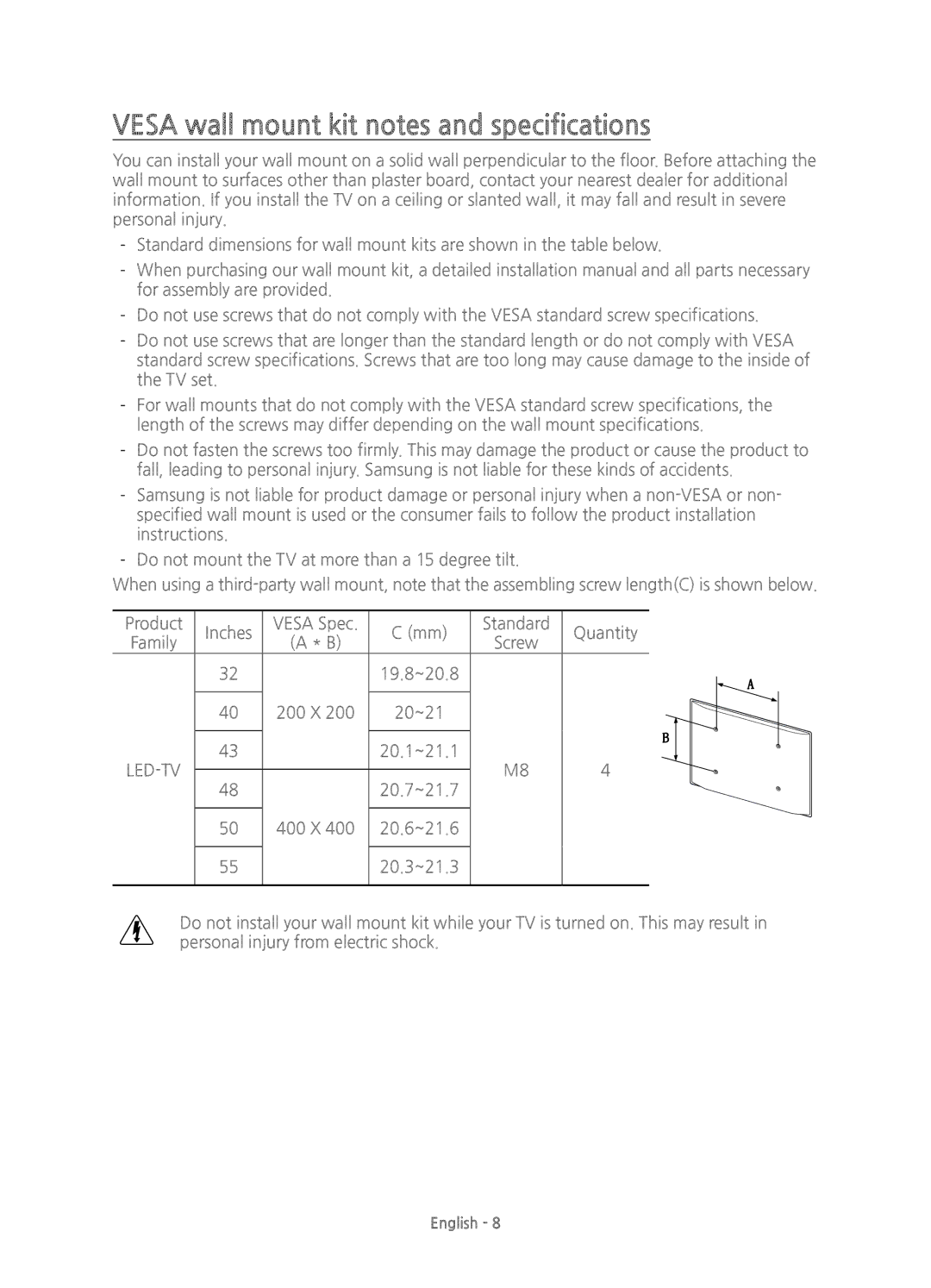 Samsung UE55J5600AKXXC, UE43J5500AKXXC, UE48J5500AKXXC, UE50J5500AKXZT manual Vesa wall mount kit notes and specifications 