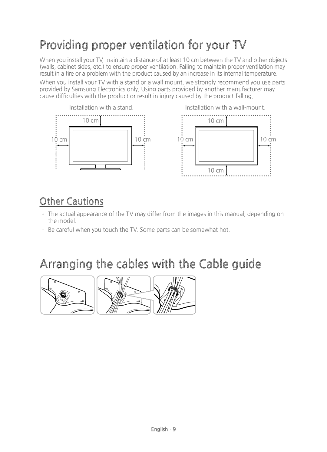 Samsung UE43J5600AKXXC Providing proper ventilation for your TV, Arranging the cables with the Cable guide, Other Cautions 