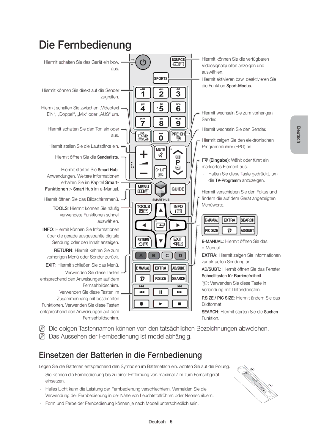 Samsung UE32J5500AKXXU, UE43J5500AKXXC manual Die Fernbedienung, Einsetzen der Batterien in die Fernbedienung, Auswählen 