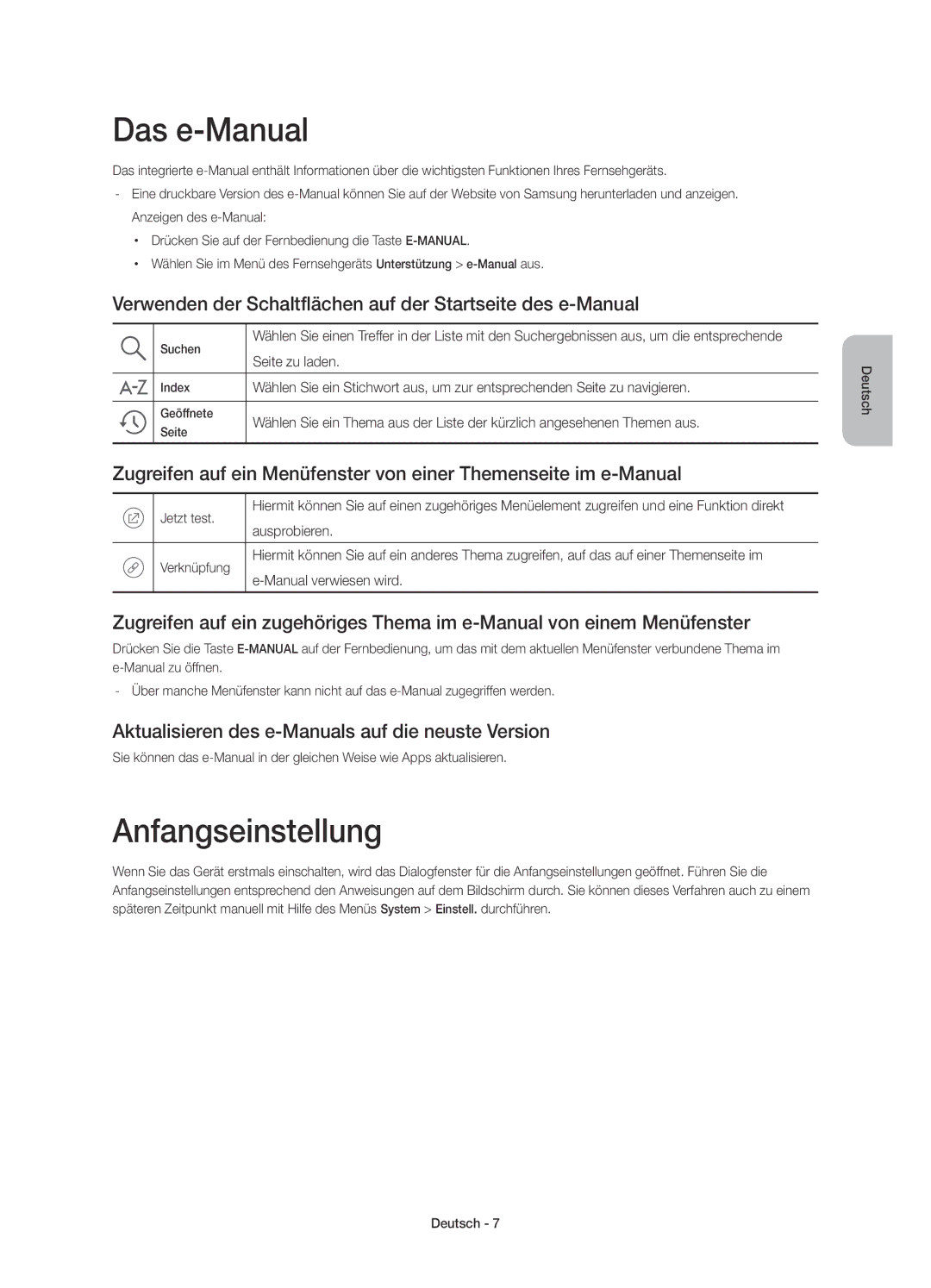 Samsung UE48J5500AKXXC manual Das e-Manual, Anfangseinstellung, Verwenden der Schaltflächen auf der Startseite des e-Manual 