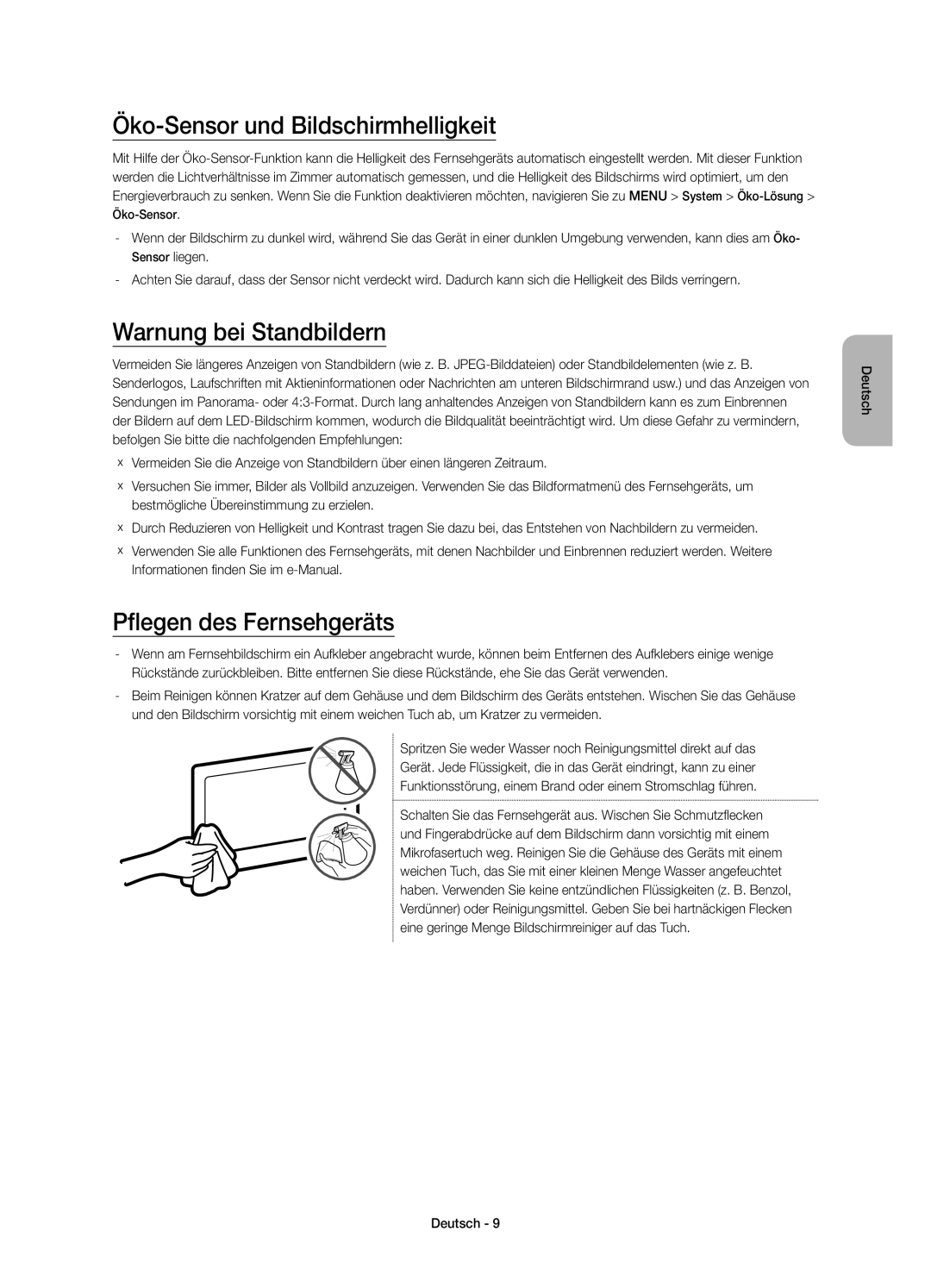 Samsung UE48J5500AKXZT manual Öko-Sensor und Bildschirmhelligkeit, Warnung bei Standbildern, Pflegen des Fernsehgeräts 