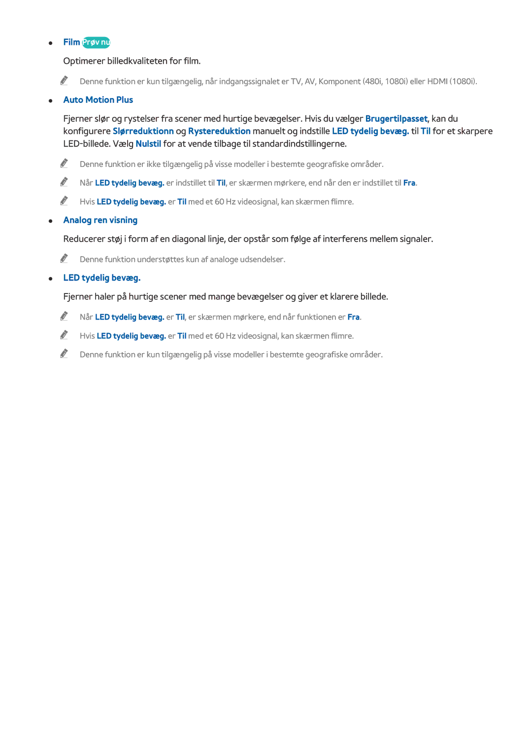 Samsung UE48J5505AKXXE manual Optimerer billedkvaliteten for film, Auto Motion Plus, Analog ren visning, LED tydelig bevæg 