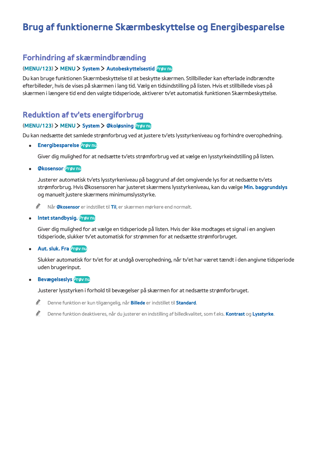 Samsung UE48J5605AKXXE manual Brug af funktionerne Skærmbeskyttelse og Energibesparelse, Forhindring af skærmindbrænding 