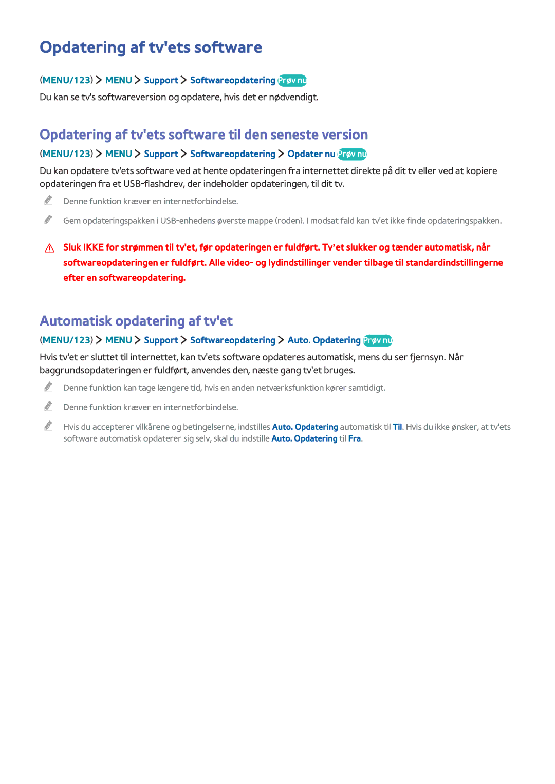 Samsung UE50J6285SUXXE manual Opdatering af tvets software til den seneste version, Automatisk opdatering af tvet 