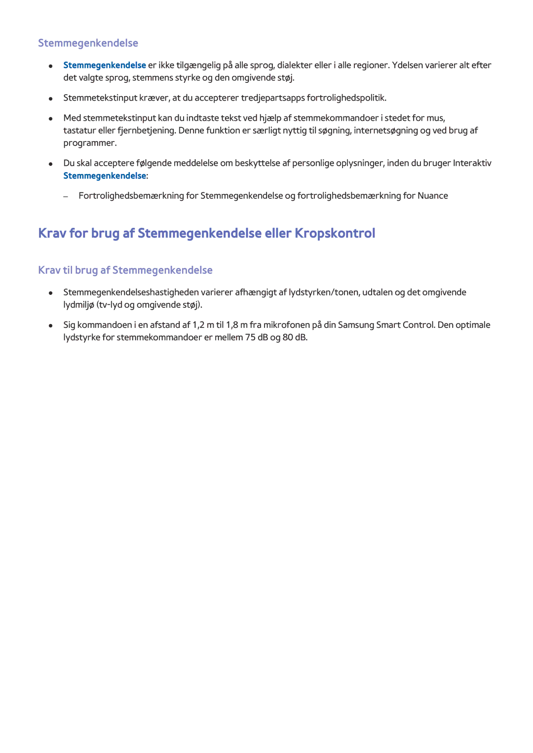 Samsung UE50J6285SUXXE manual Krav for brug af Stemmegenkendelse eller Kropskontrol, Krav til brug af Stemmegenkendelse 