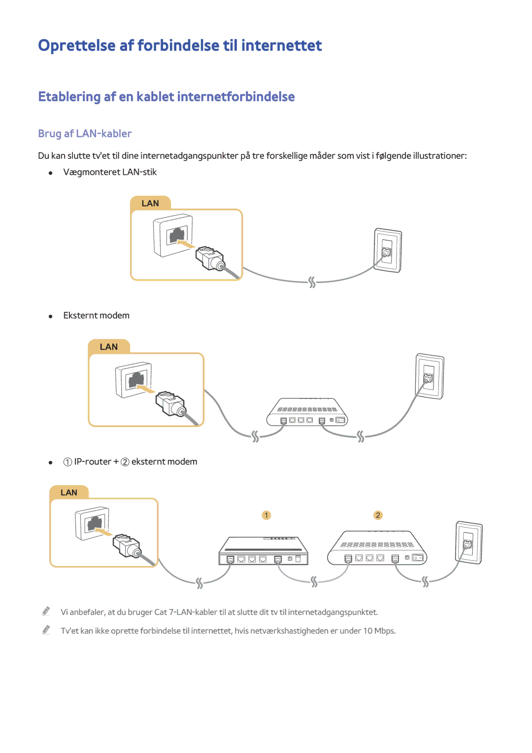 Samsung UE48J6375SUXXE, UE32S9AUXXE Oprettelse af forbindelse til internettet, Etablering af en kablet internetforbindelse 