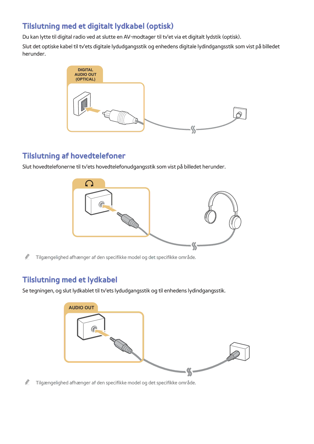 Samsung UE40J5505AKXXE, UE43J5505AKXXE manual Tilslutning med et digitalt lydkabel optisk, Tilslutning af hovedtelefoner 