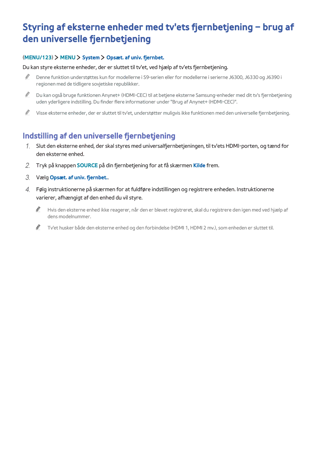 Samsung UE50J6275SUXXE manual Indstilling af den universelle fjernbetjening, MENU/123 Menu System Opsæt. af univ. fjernbet 