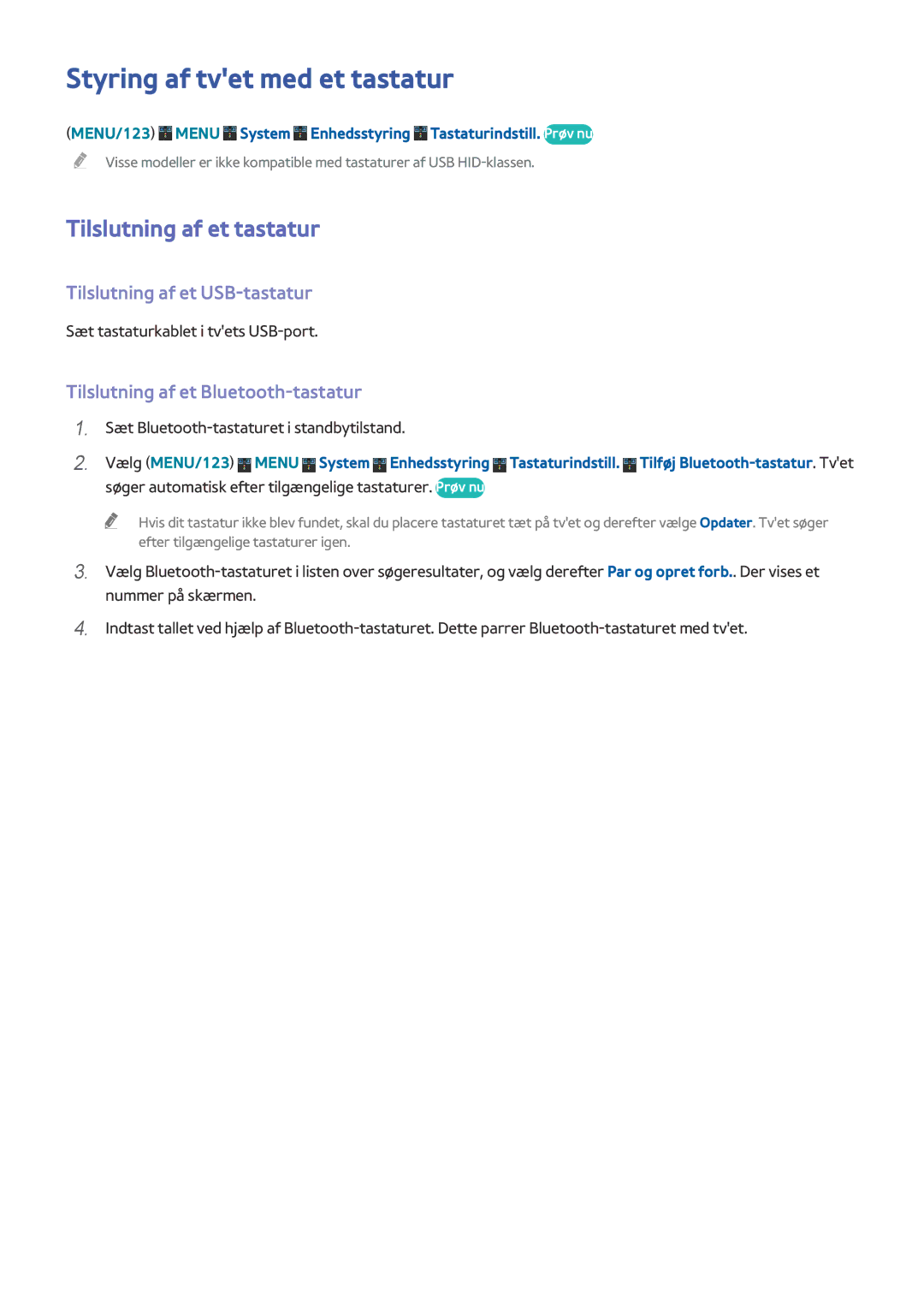 Samsung UE40J6285SUXXE manual Styring af tvet med et tastatur, Tilslutning af et tastatur, Tilslutning af et USB-tastatur 