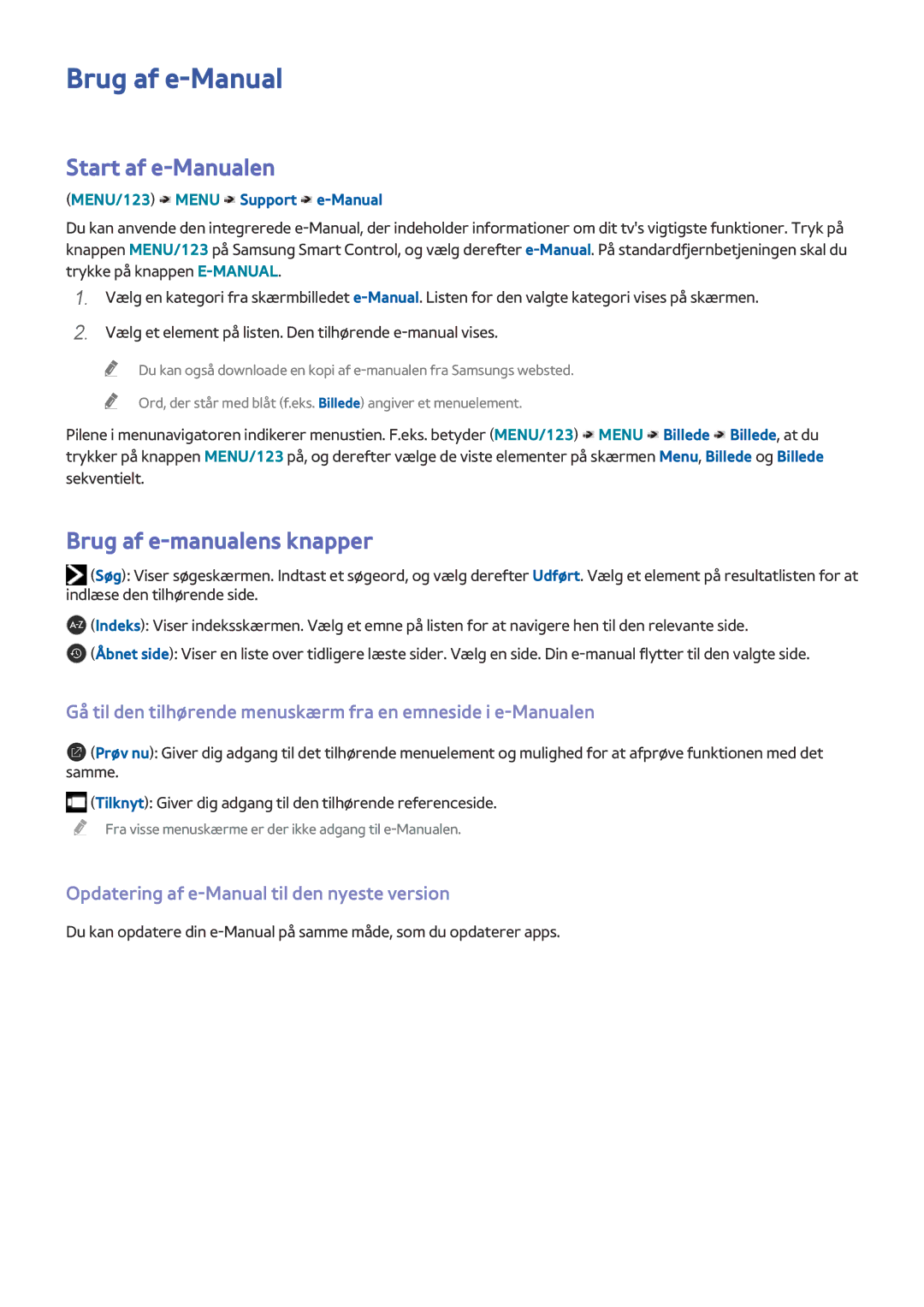 Samsung UE55J5505AKXXE Brug af e-Manual, Start af e-Manualen, Brug af e-manualens knapper, MENU/123 Menu Support e-Manual 