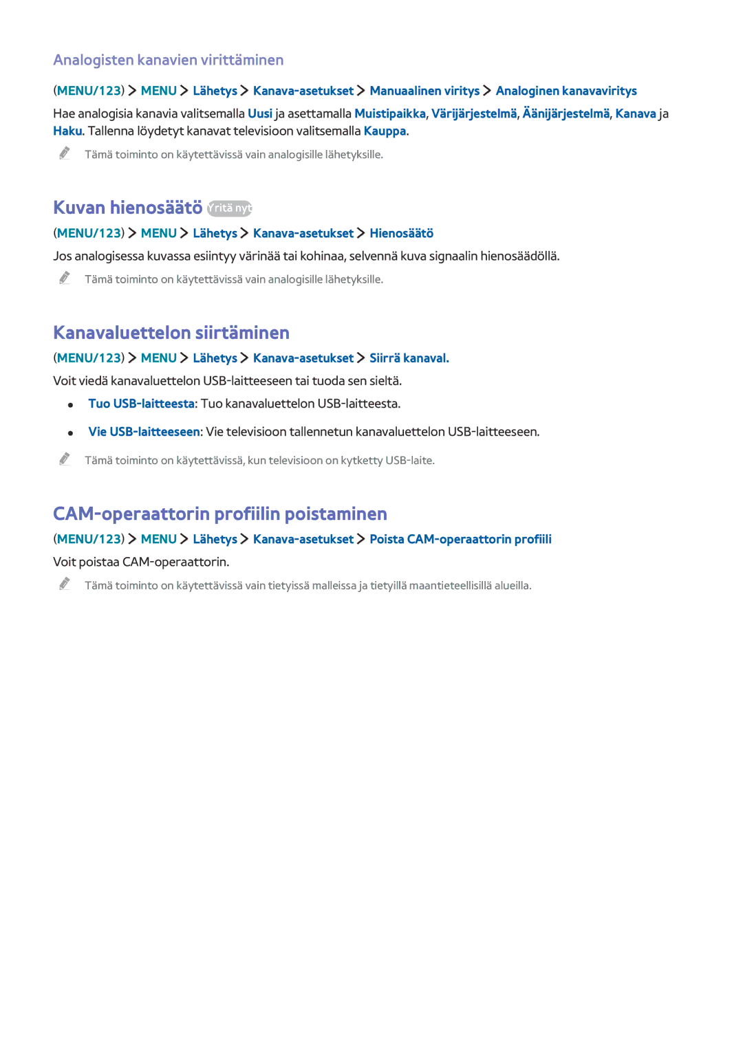 Samsung UE40J5515AKXXE Kuvan hienosäätö Yritä nyt, Kanavaluettelon siirtäminen, CAM-operaattorin profiilin poistaminen 