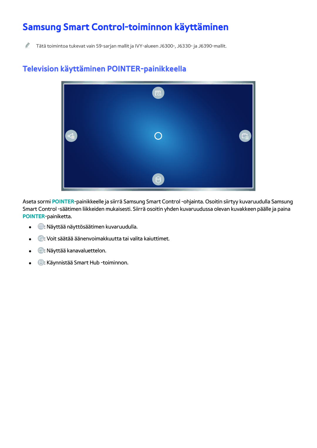 Samsung UE50J5505AKXXE manual Samsung Smart Control-toiminnon käyttäminen, Television käyttäminen POINTER-painikkeella 